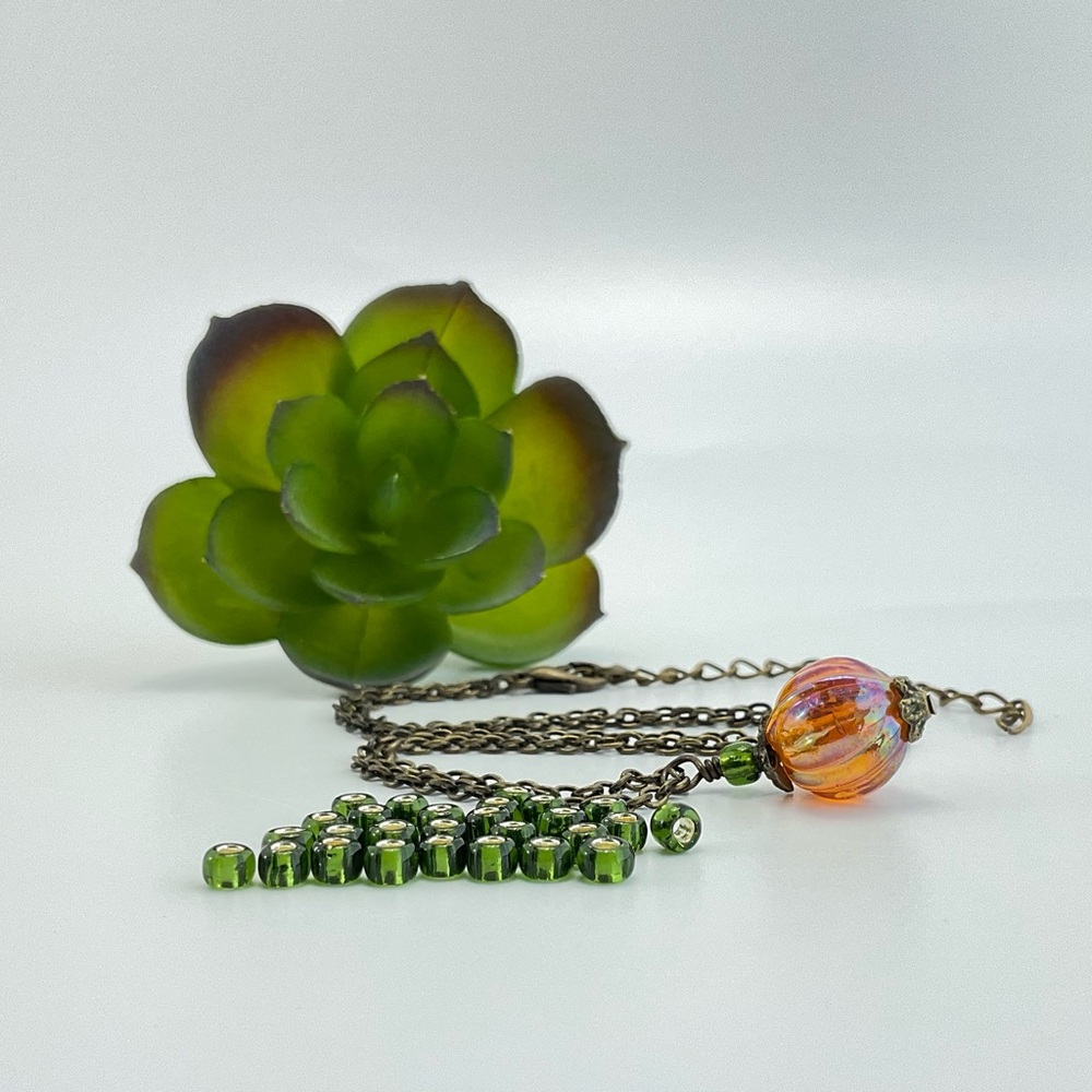 Host Pick! New Pumpkin Necklace, Handmade, Iridescent Orange & Olive Green - Picture 7 of 11